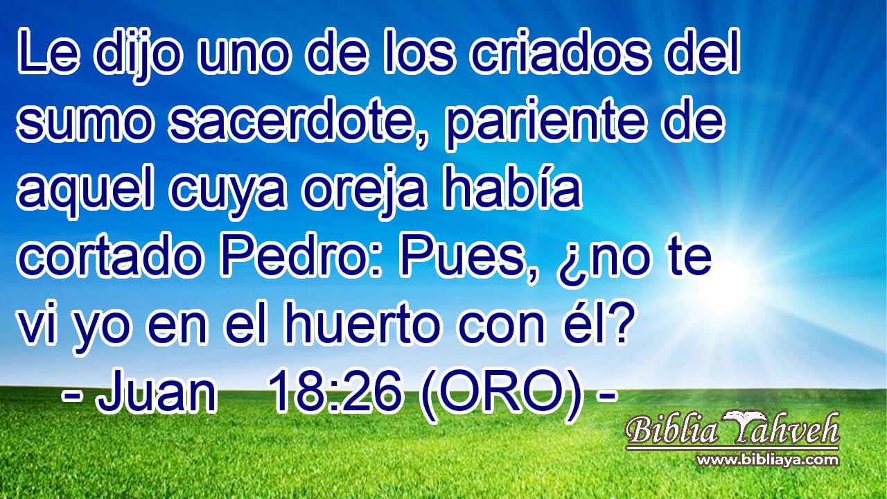  Le dijo uno de los criados del sumo sacerdote, pariente de aquel cuya oreja había cortado Pedro: Pues, ¿no te vi yo en el huerto con él? 