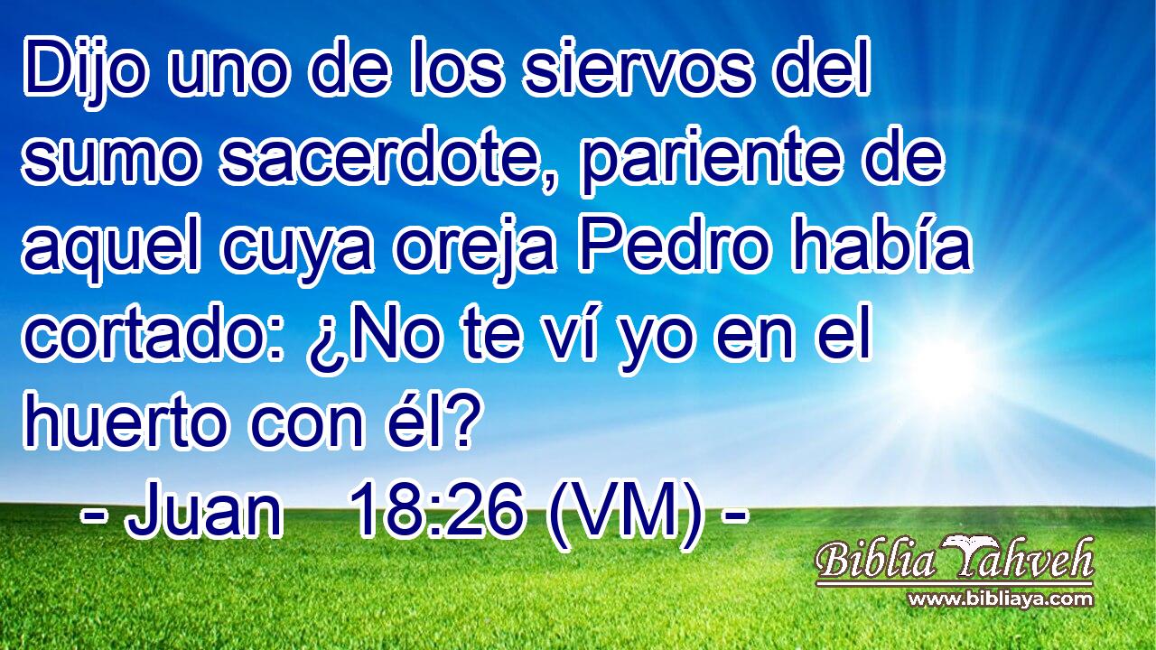  Dijo uno de los siervos del sumo sacerdote, pariente de aquel cuya oreja Pedro había cortado: ¿No te ví yo en el huerto con él? 