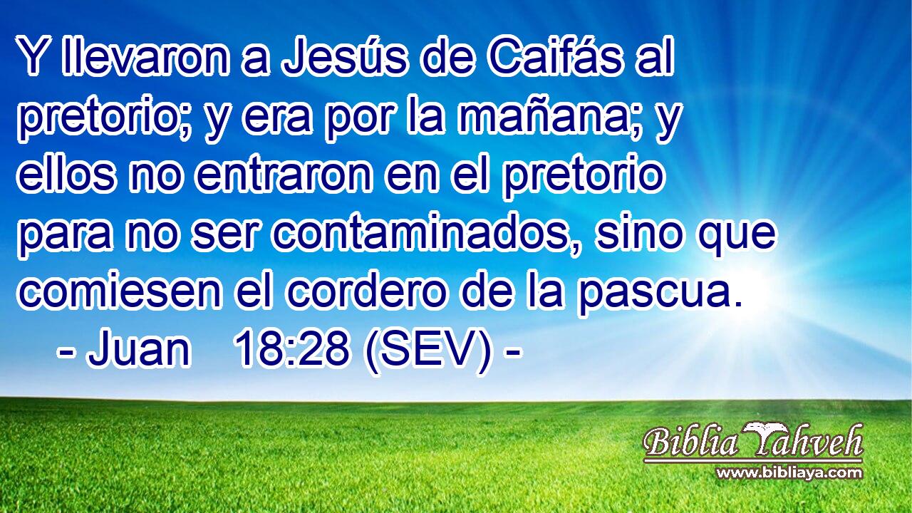 Y llevaron a Jesús de Caifás al pretorio; y era por la mañana; y ellos no entraron en el pretorio para no ser contaminados, sino que comiesen el cordero de la pascua.