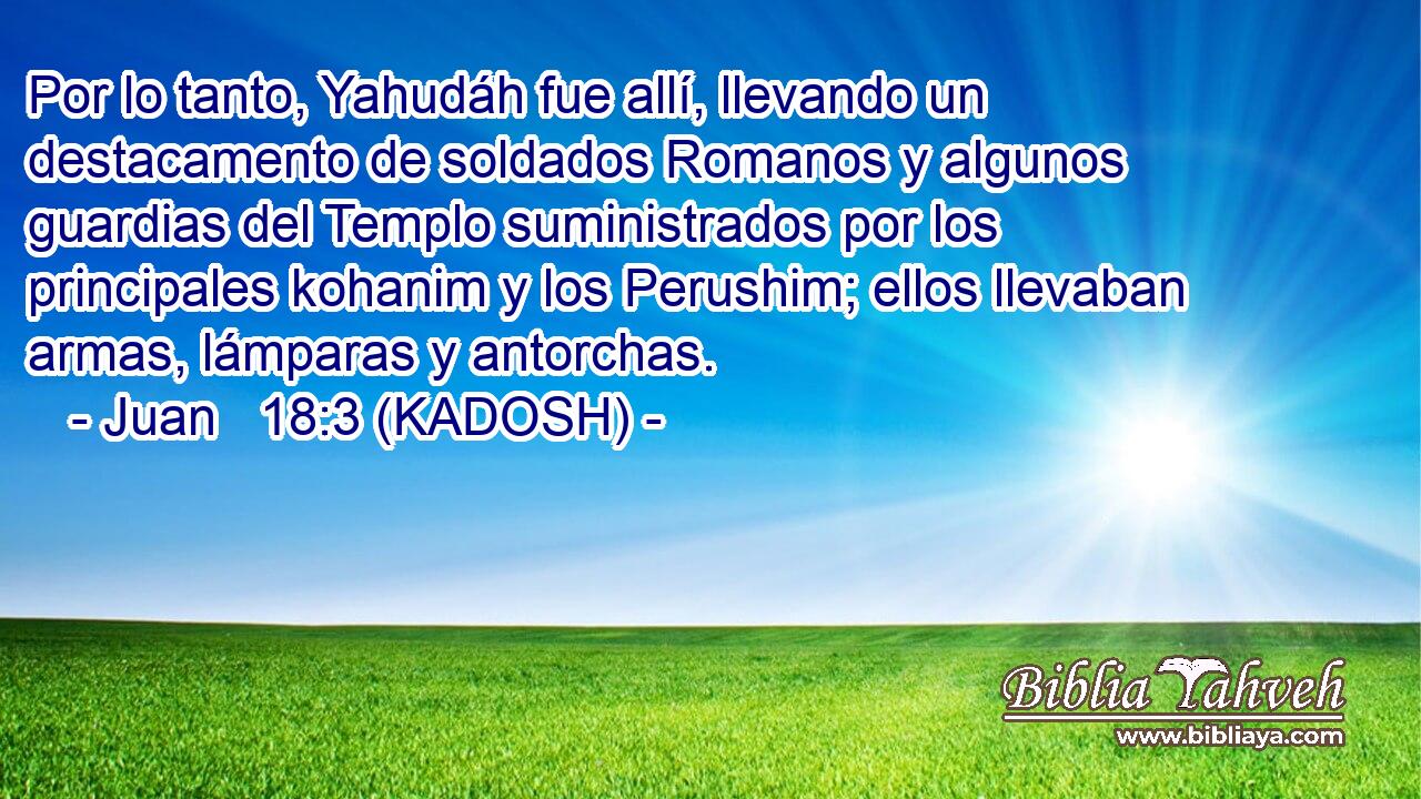  Por lo tanto, Yahudáh fue allí, llevando un destacamento de soldados Romanos y algunos guardias del Templo suministrados por los principales kohanim y los Perushim; ellos llevaban armas, lámparas y antorchas. 