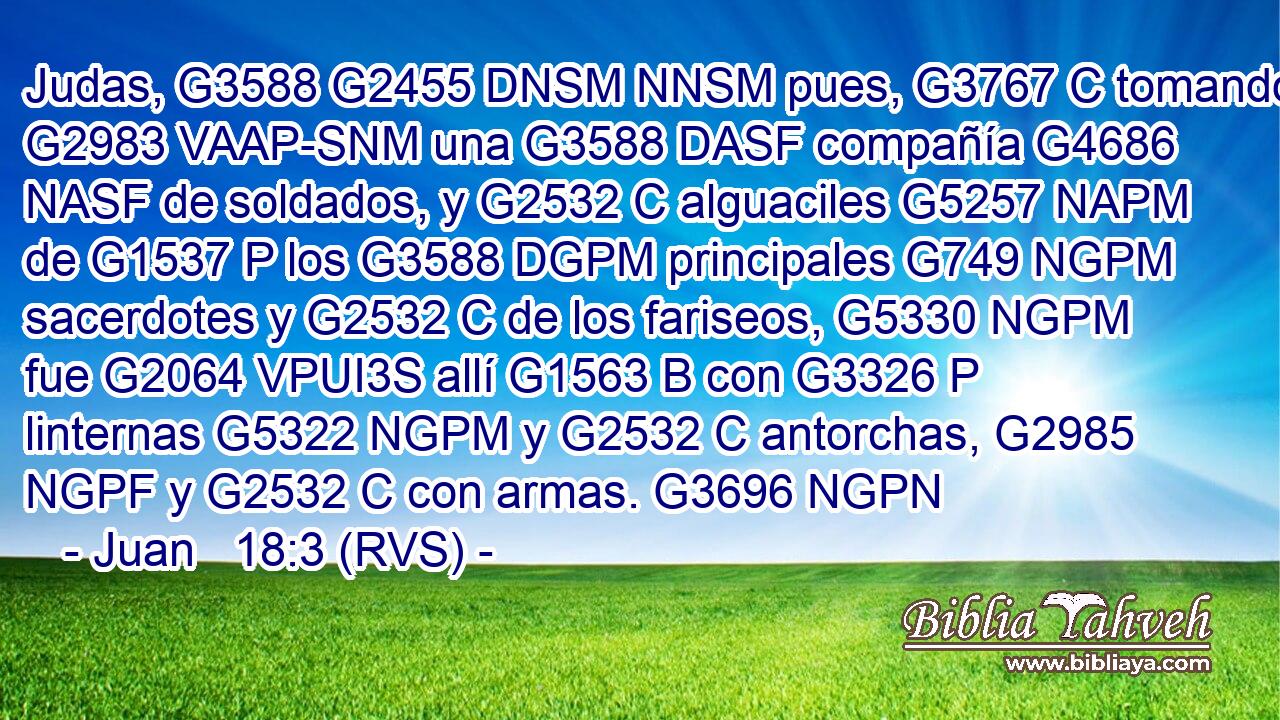 Judas, G3588 G2455 DNSM NNSM pues, G3767 C tomando G2983 VAAP-SNM una G3588 DASF compañía G4686 NASF de soldados, y G2532 C alguaciles G5257 NAPM de G1537 P los G3588 DGPM principales G749 NGPM sacerdotes y G2532 C de los fariseos, G5330 NGPM fue G2064 VPUI3S allí G1563 B con G3326 P linternas G5322 NGPM y G2532 C antorchas, G2985 NGPF y G2532 C con armas. G3696 NGPN 