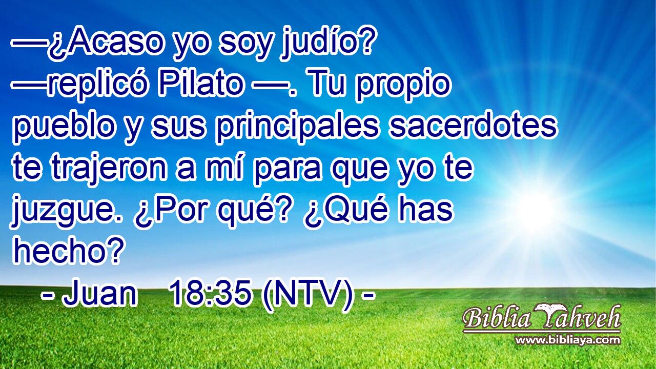 —¿Acaso yo soy judío? —replicó Pilato —. Tu propio pueblo y sus principales sacerdotes te trajeron a mí para que yo te juzgue. ¿Por qué? ¿Qué has hecho?