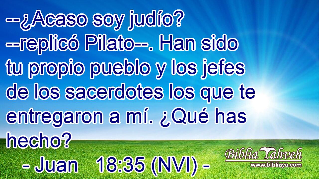  --¿Acaso soy judío? --replicó Pilato--. Han sido tu propio pueblo y los jefes de los sacerdotes los que te entregaron a mí. ¿Qué has hecho? 