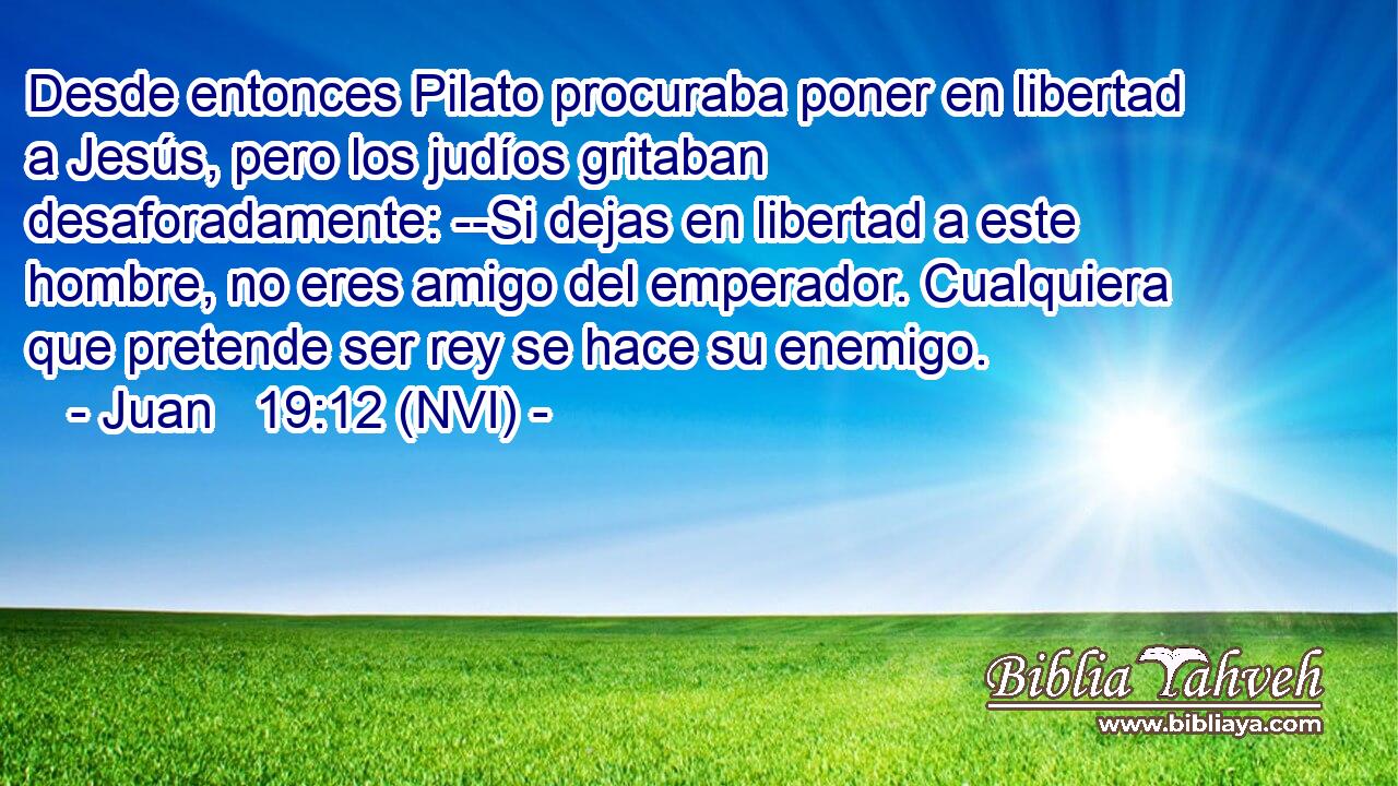  Desde entonces Pilato procuraba poner en libertad a Jesús, pero los judíos gritaban desaforadamente: --Si dejas en libertad a este hombre, no eres amigo del emperador. Cualquiera que pretende ser rey se hace su enemigo. 