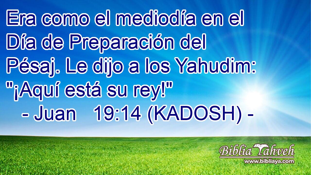  Era como el mediodía en el Día de Preparación del Pésaj. Le dijo a los Yahudim: 
