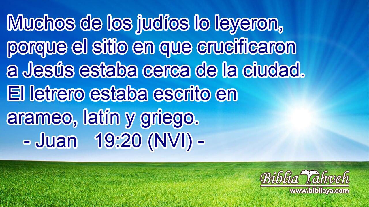  Muchos de los judíos lo leyeron, porque el sitio en que crucificaron a Jesús estaba cerca de la ciudad. El letrero estaba escrito en arameo, latín y griego. 