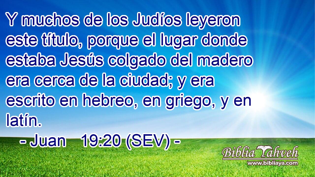 Y muchos de los Judíos leyeron este título, porque el lugar donde estaba Jesús colgado del madero era cerca de la ciudad; y era escrito en hebreo, en griego, y en latín.