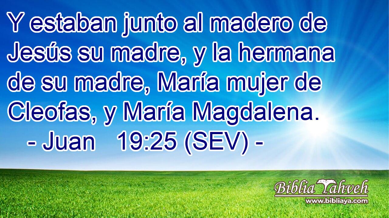 Y estaban junto al madero de Jesús su madre, y la hermana de su madre, María mujer de Cleofas, y María Magdalena.