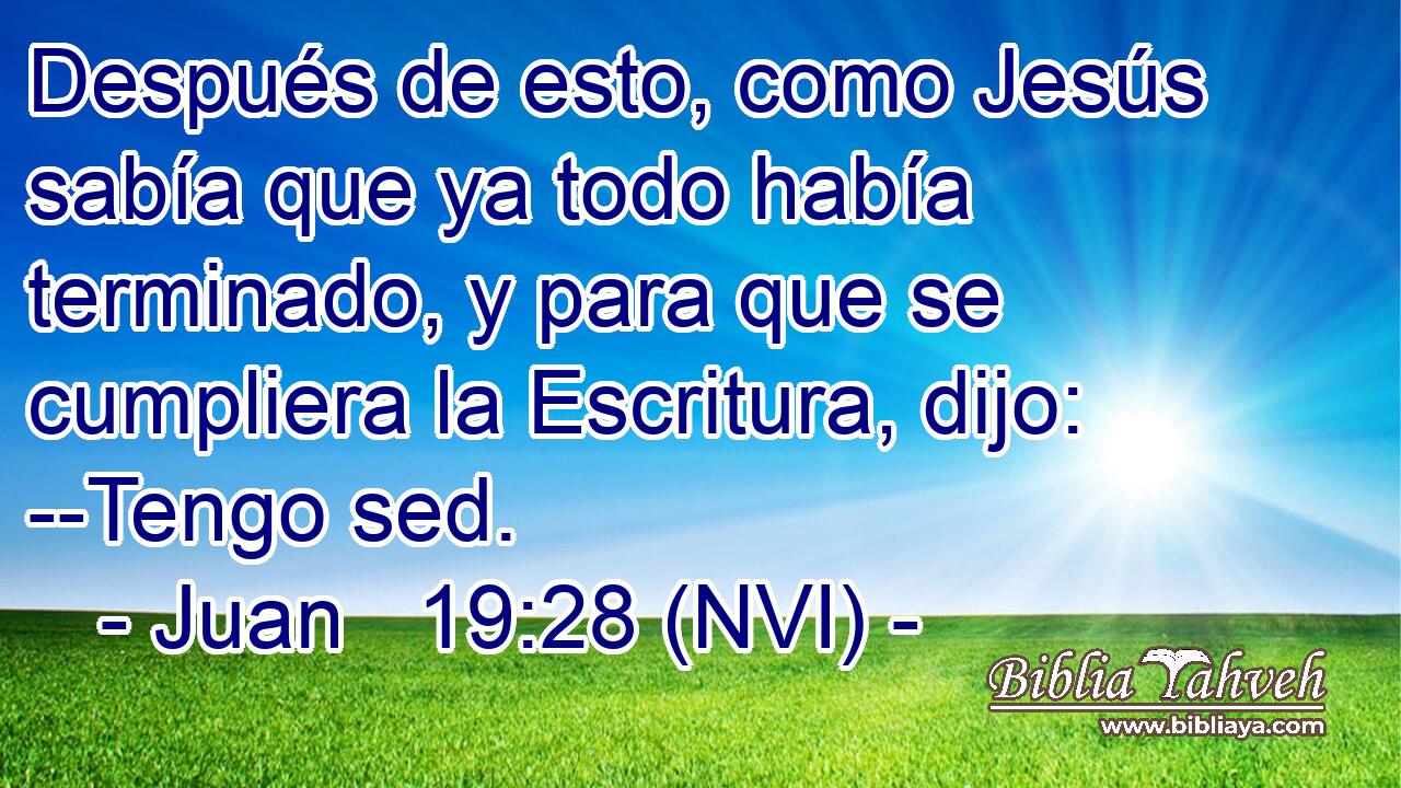 Después de esto, como Jesús sabía que ya todo había terminado, y para que se cumpliera la Escritura, dijo: --Tengo sed. 