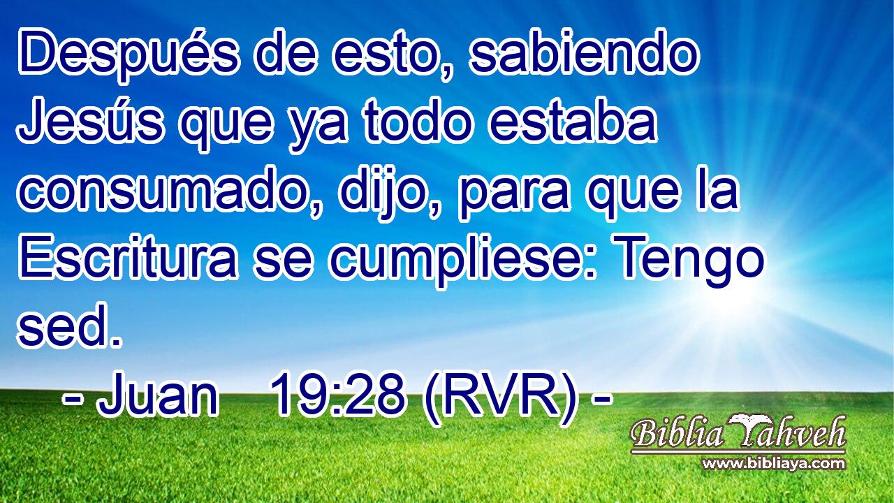 Después de esto, sabiendo Jesús que ya todo estaba consumado, dijo, para que la Escritura se cumpliese: Tengo sed.