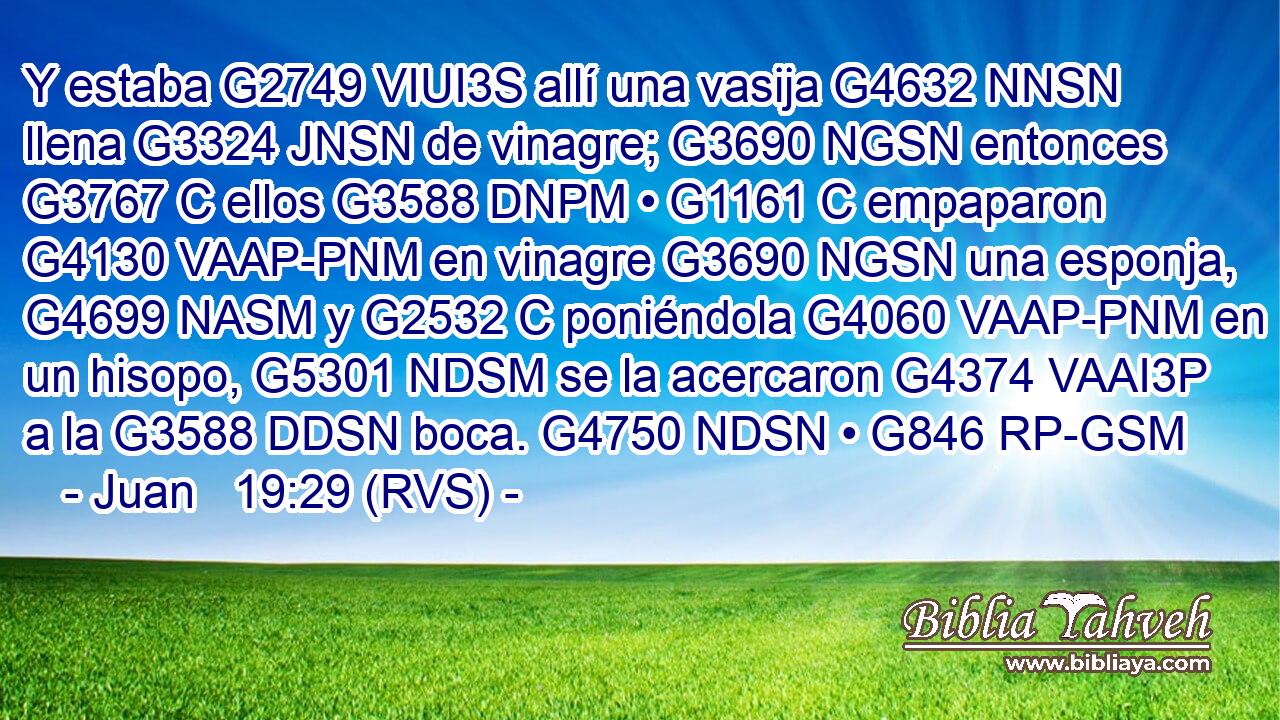 Y estaba G2749 VIUI3S allí una vasija G4632 NNSN llena G3324 JNSN de vinagre; G3690 NGSN entonces G3767 C ellos G3588 DNPM • G1161 C empaparon G4130 VAAP-PNM en vinagre G3690 NGSN una esponja, G4699 NASM y G2532 C poniéndola G4060 VAAP-PNM en un hisopo, G5301 NDSM se la acercaron G4374 VAAI3P a la G3588 DDSN boca. G4750 NDSN • G846 RP-GSM 
