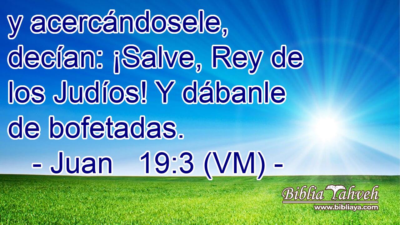  y acercándosele, decían: ¡Salve, Rey de los Judíos! Y dábanle de bofetadas. 