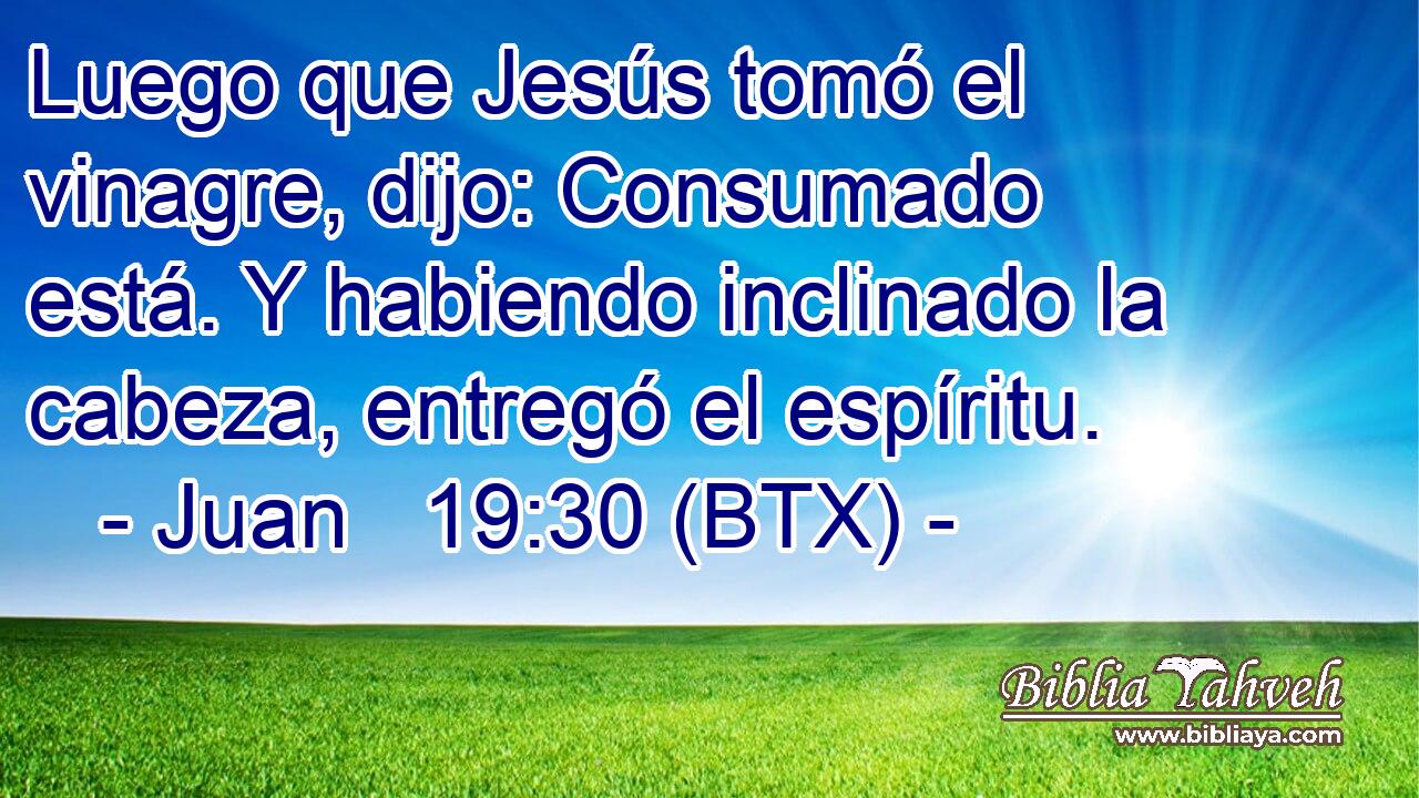Luego que Jesús tomó el vinagre, dijo: Consumado está. Y habiendo inclinado la cabeza, entregó el espíritu.