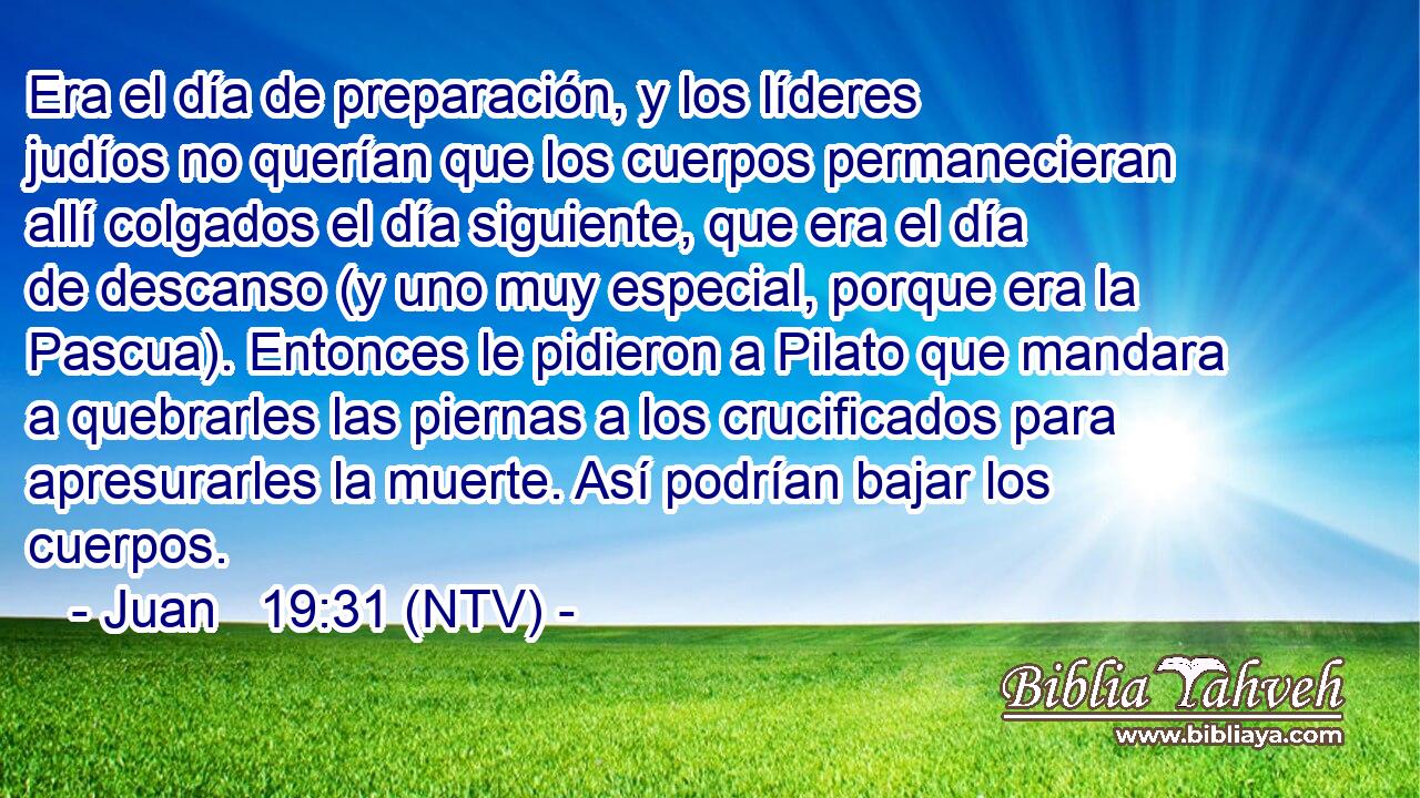 Era el día de preparación, y los líderes judíos no querían que los cuerpos permanecieran allí colgados el día siguiente, que era el día de descanso (y uno muy especial, porque era la Pascua). Entonces le pidieron a Pilato que mandara a quebrarles las piernas a los crucificados para apresurarles la muerte. Así podrían bajar los cuerpos.