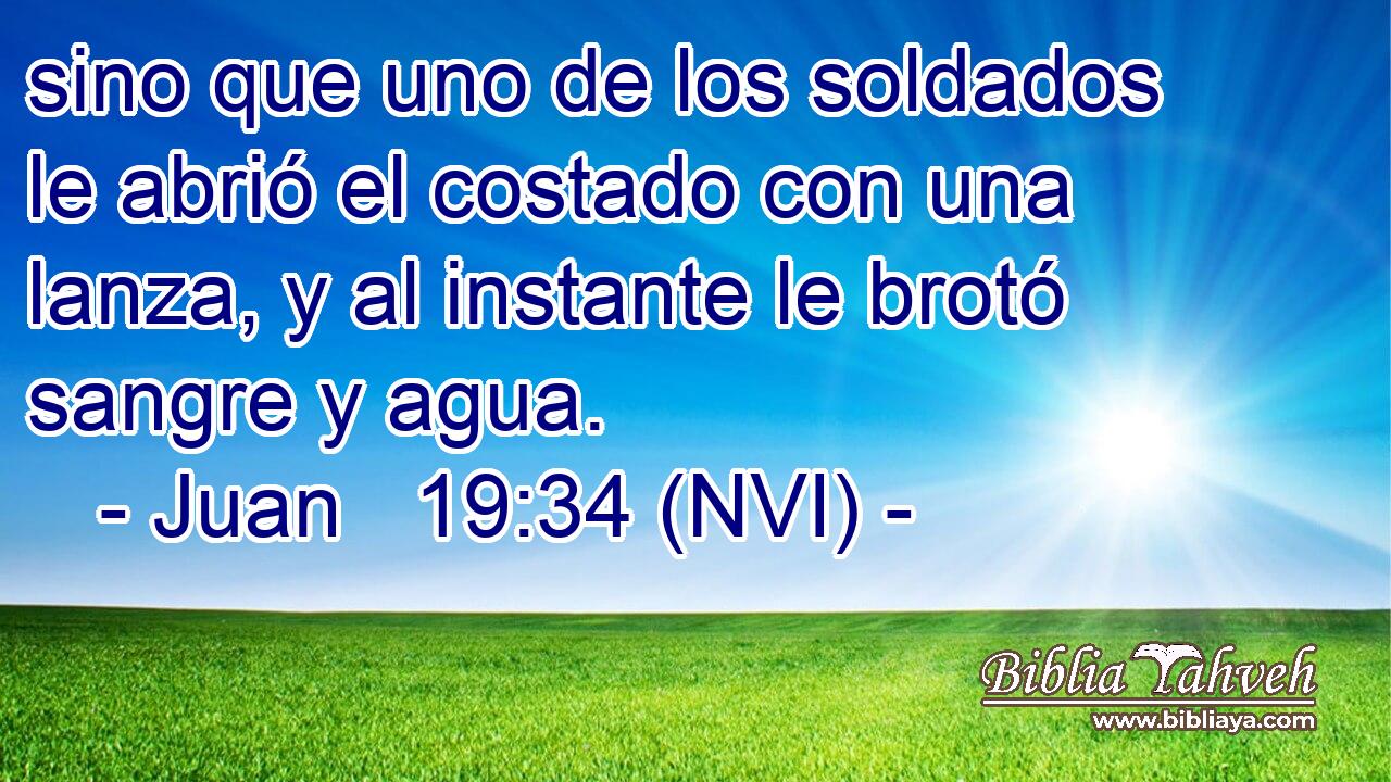  sino que uno de los soldados le abrió el costado con una lanza, y al instante le brotó sangre y agua. 