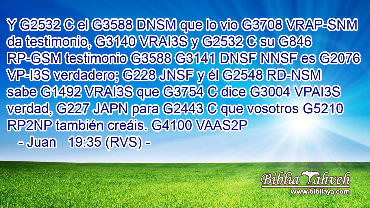 Y G2532 C el G3588 DNSM que lo vio G3708 VRAP-SNM da testimonio, G3140 VRAI3S y G2532 C su G846 RP-GSM testimonio G3588 G3141 DNSF NNSF es G2076 VP-I3S verdadero; G228 JNSF y él G2548 RD-NSM sabe G1492 VRAI3S que G3754 C dice G3004 VPAI3S verdad, G227 JAPN para G2443 C que vosotros G5210 RP2NP también creáis. G4100 VAAS2P 