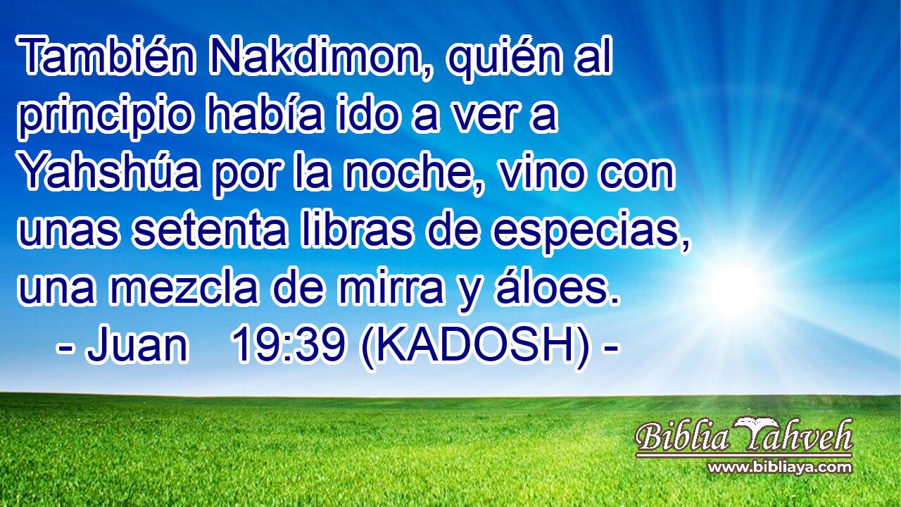  También Nakdimon, quién al principio había ido a ver a Yahshúa por la noche, vino con unas setenta libras de especias, una mezcla de mirra y áloes. 