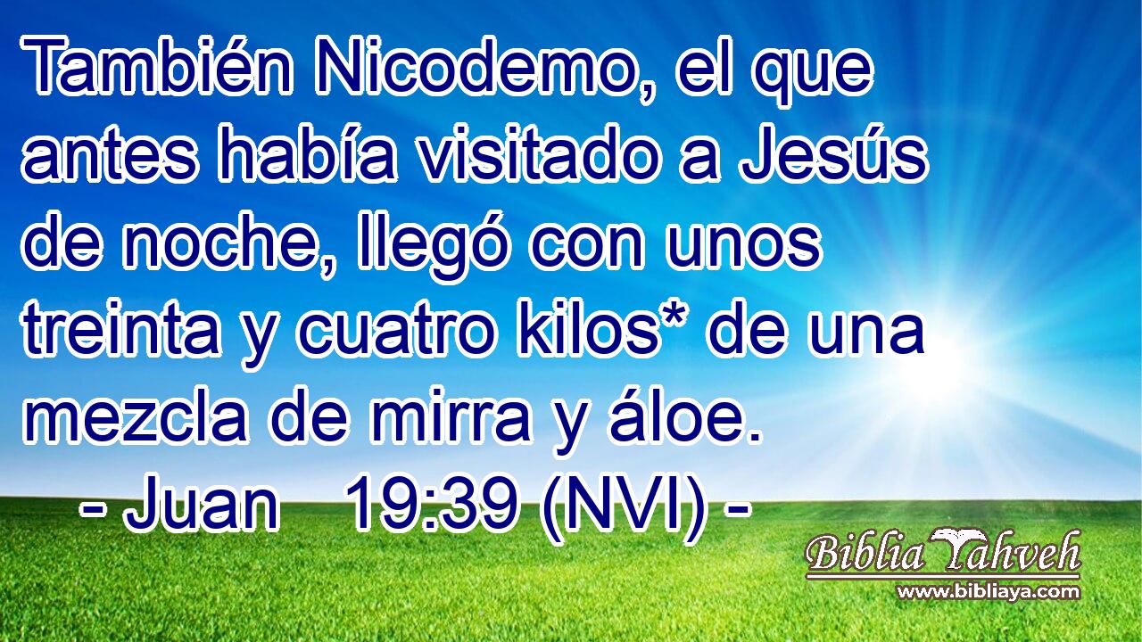  También Nicodemo, el que antes había visitado a Jesús de noche, llegó con unos treinta y cuatro kilos* de una mezcla de mirra y áloe. 
