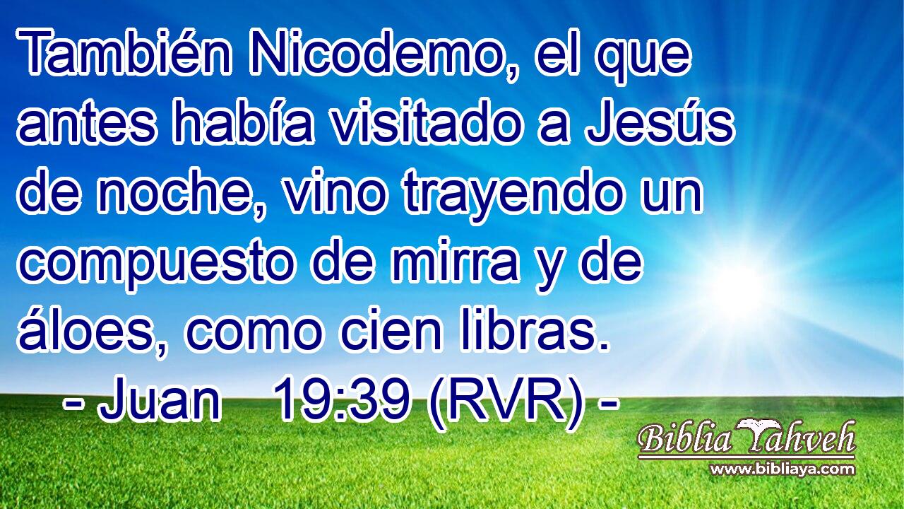 También Nicodemo, el que antes había visitado a Jesús de noche, vino trayendo un compuesto de mirra y de áloes, como cien libras.