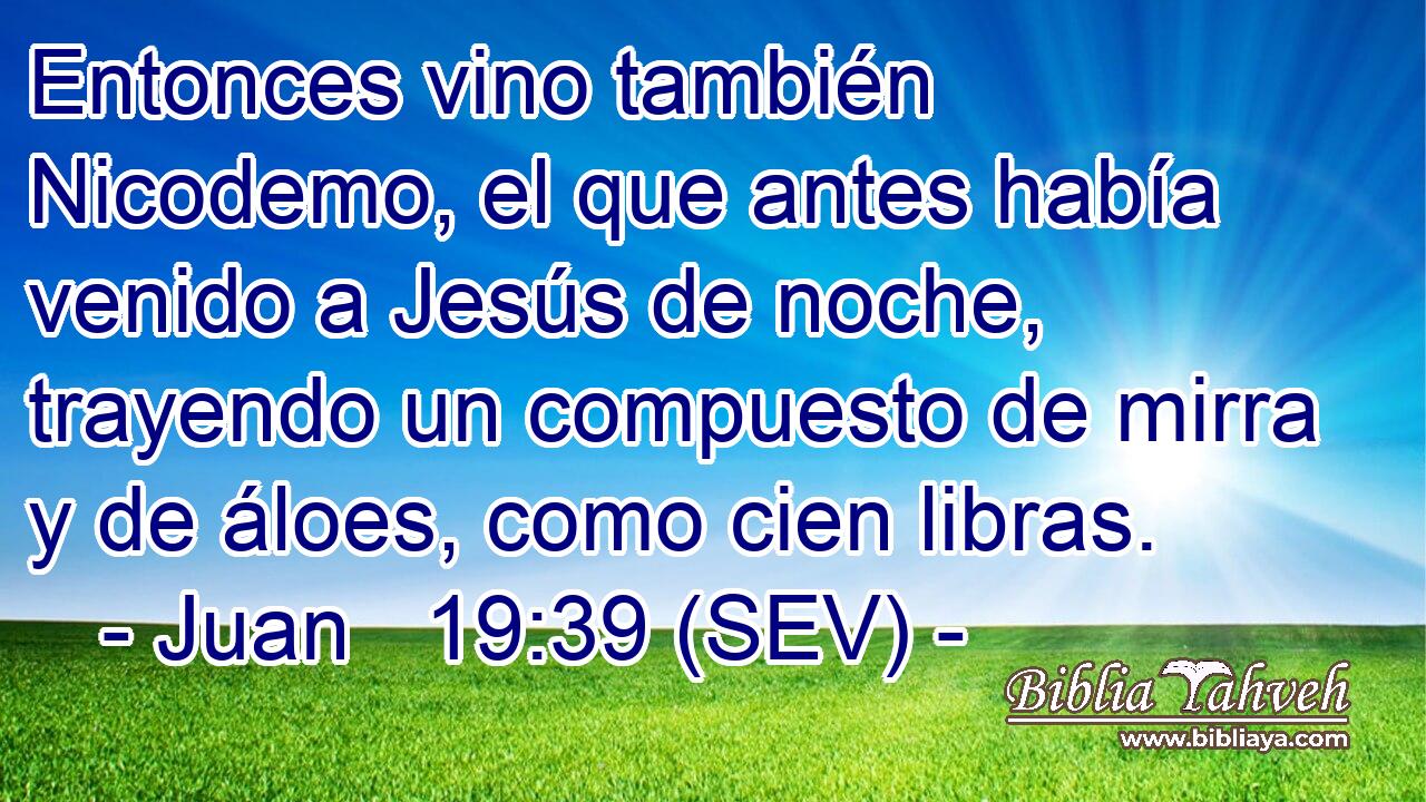 Entonces vino también Nicodemo, el que antes había venido a Jesús de noche, trayendo un compuesto de mirra y de áloes, como cien libras.