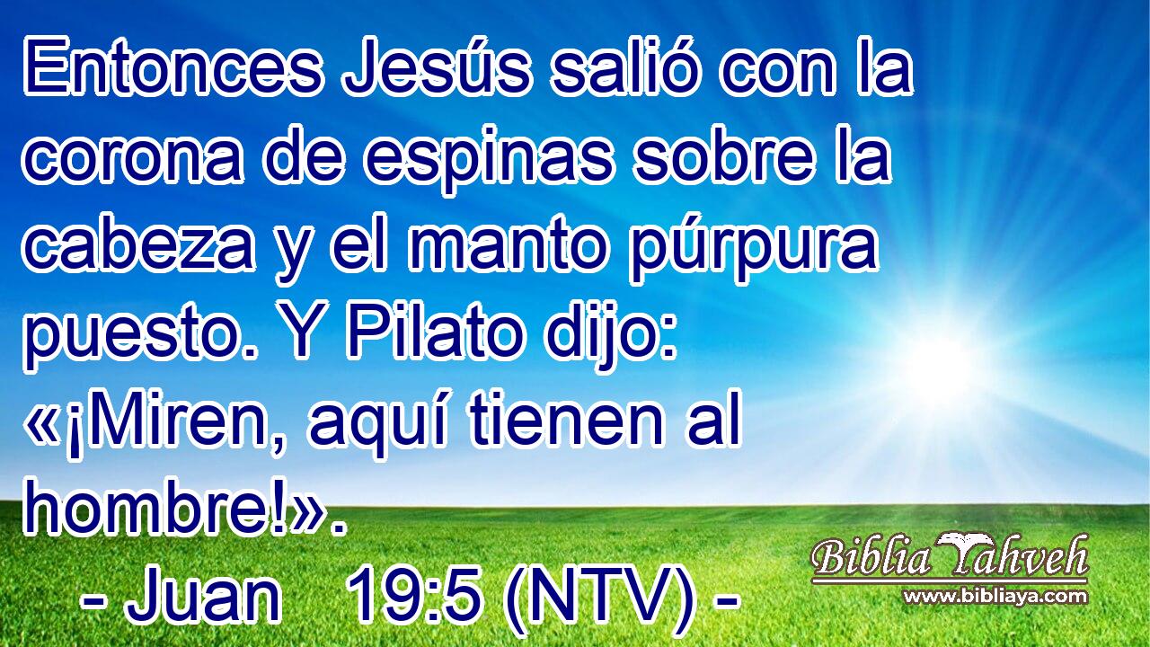 Entonces Jesús salió con la corona de espinas sobre la cabeza y el manto púrpura puesto. Y Pilato dijo: «¡Miren, aquí tienen al hombre!».