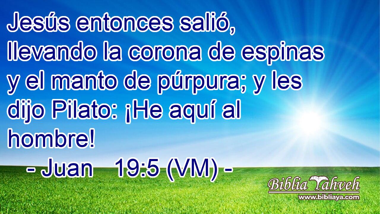  Jesús entonces salió, llevando la corona de espinas y el manto de púrpura; y les dijo Pilato: ¡He aquí al hombre! 