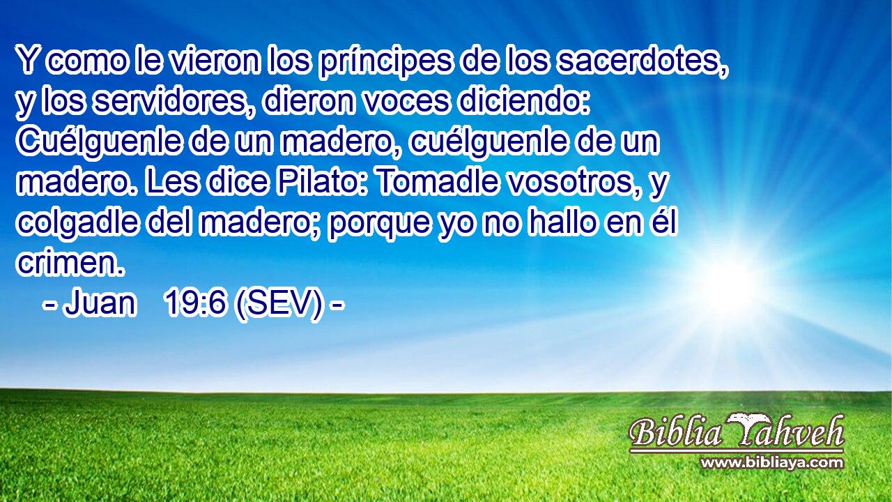 Y como le vieron los príncipes de los sacerdotes, y los servidores, dieron voces diciendo: Cuélguenle de un madero, cuélguenle de un madero. Les dice Pilato: Tomadle vosotros, y colgadle del madero; porque yo no hallo en él crimen.