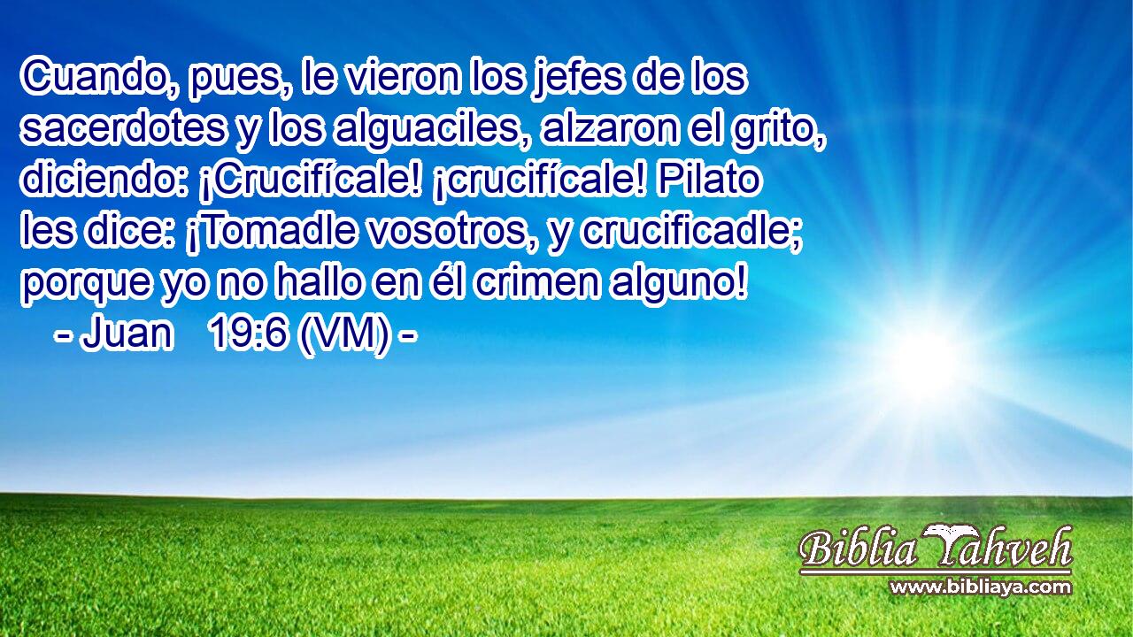  Cuando, pues, le vieron los jefes de los sacerdotes y los alguaciles, alzaron el grito, diciendo: ¡Crucifícale! ¡crucifícale! Pilato les dice: ¡Tomadle vosotros, y crucificadle; porque yo no hallo en él crimen alguno! 