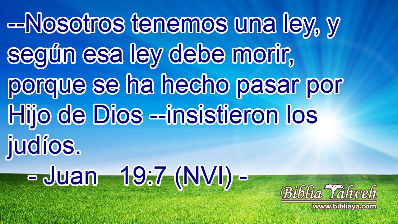  --Nosotros tenemos una ley, y según esa ley debe morir, porque se ha hecho pasar por Hijo de Dios --insistieron los judíos. 
