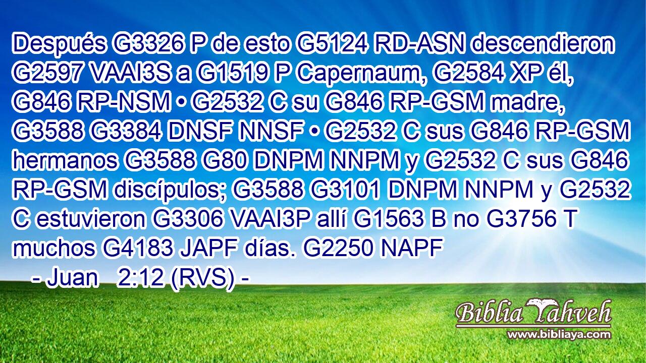 Después G3326 P de esto G5124 RD-ASN descendieron G2597 VAAI3S a G1519 P Capernaum, G2584 XP él, G846 RP-NSM • G2532 C su G846 RP-GSM madre, G3588 G3384 DNSF NNSF • G2532 C sus G846 RP-GSM hermanos G3588 G80 DNPM NNPM y G2532 C sus G846 RP-GSM discípulos; G3588 G3101 DNPM NNPM y G2532 C estuvieron G3306 VAAI3P allí G1563 B no G3756 T muchos G4183 JAPF días. G2250 NAPF 