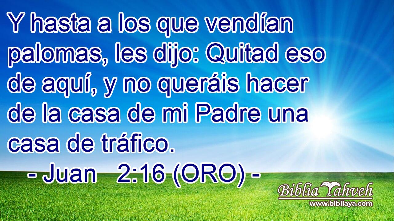  Y hasta a los que vendían palomas, les dijo: Quitad eso de aquí, y no queráis hacer de la casa de mi Padre una casa de tráfico. 