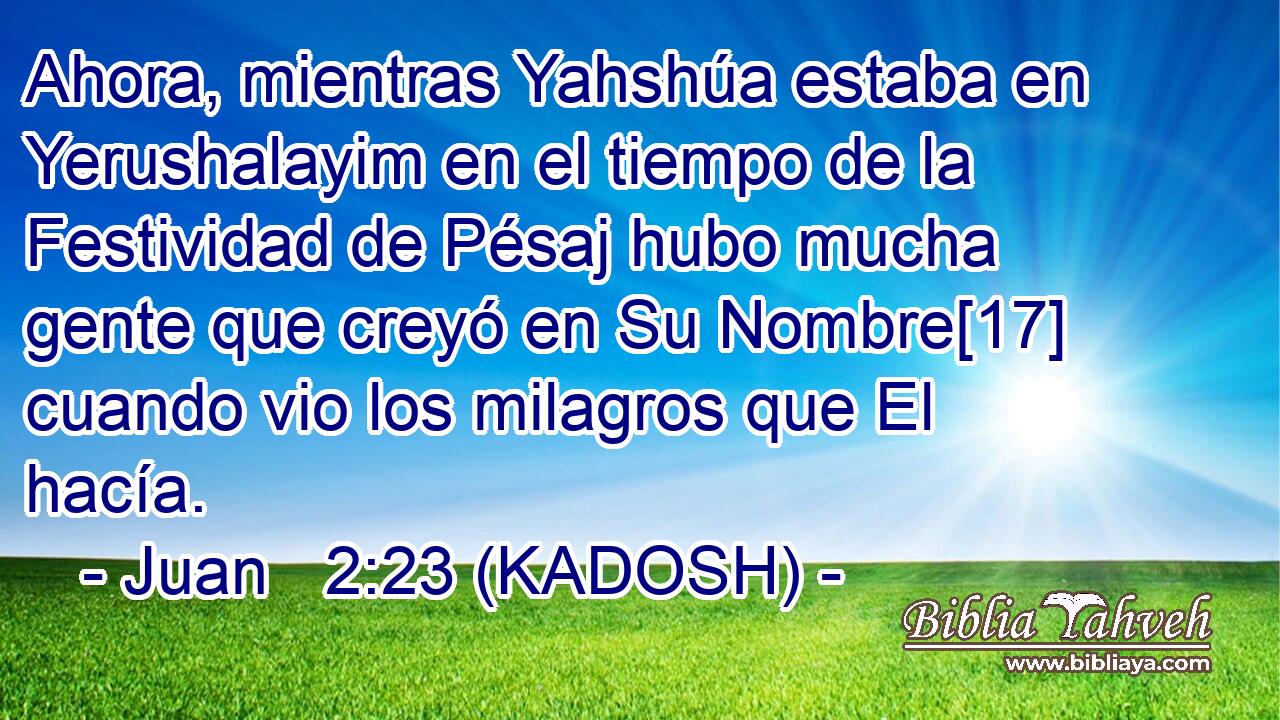  Ahora, mientras Yahshúa estaba en Yerushalayim en el tiempo de la Festividad de Pésaj hubo mucha gente que creyó en Su Nombre[17] cuando vio los milagros que El hacía. 