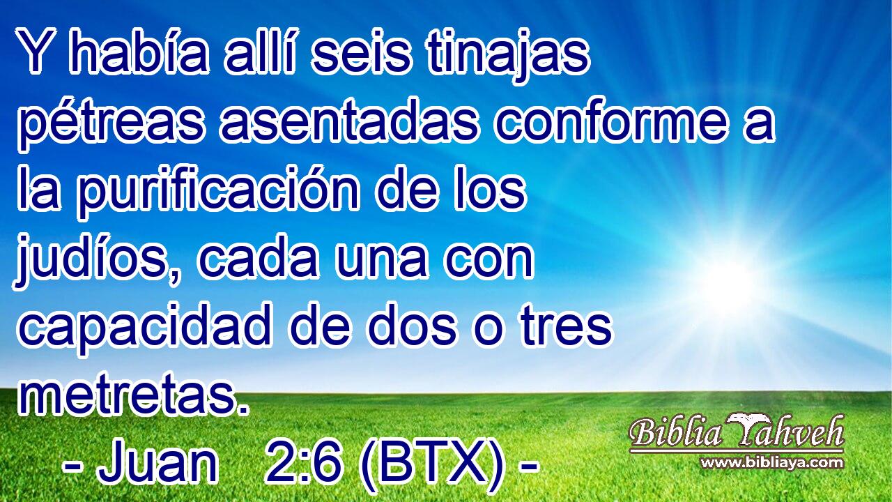 Y había allí seis tinajas pétreas asentadas conforme a la purificación de los judíos, cada una con capacidad de dos o tres metretas.