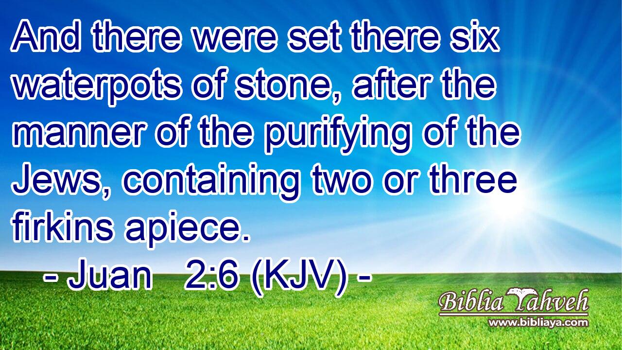 And there were set there six waterpots of stone, after the manner of the purifying of the Jews, containing two or three firkins apiece.