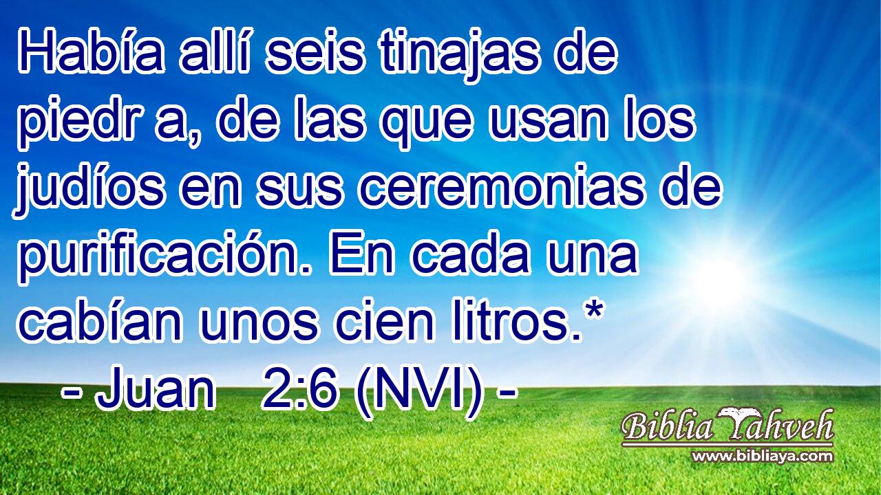  Había allí seis tinajas de piedr a, de las que usan los judíos en sus ceremonias de purificación. En cada una cabían unos cien litros.* 