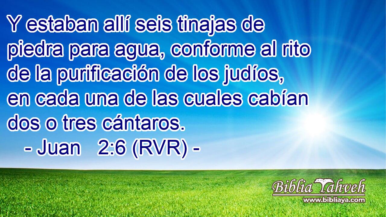 Y estaban allí seis tinajas de piedra para agua, conforme al rito de la purificación de los judíos, en cada una de las cuales cabían dos o tres cántaros.