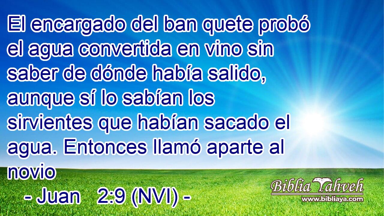  El encargado del ban quete probó el agua convertida en vino sin saber de dónde había salido, aunque sí lo sabían los sirvientes que habían sacado el agua. Entonces llamó aparte al novio 