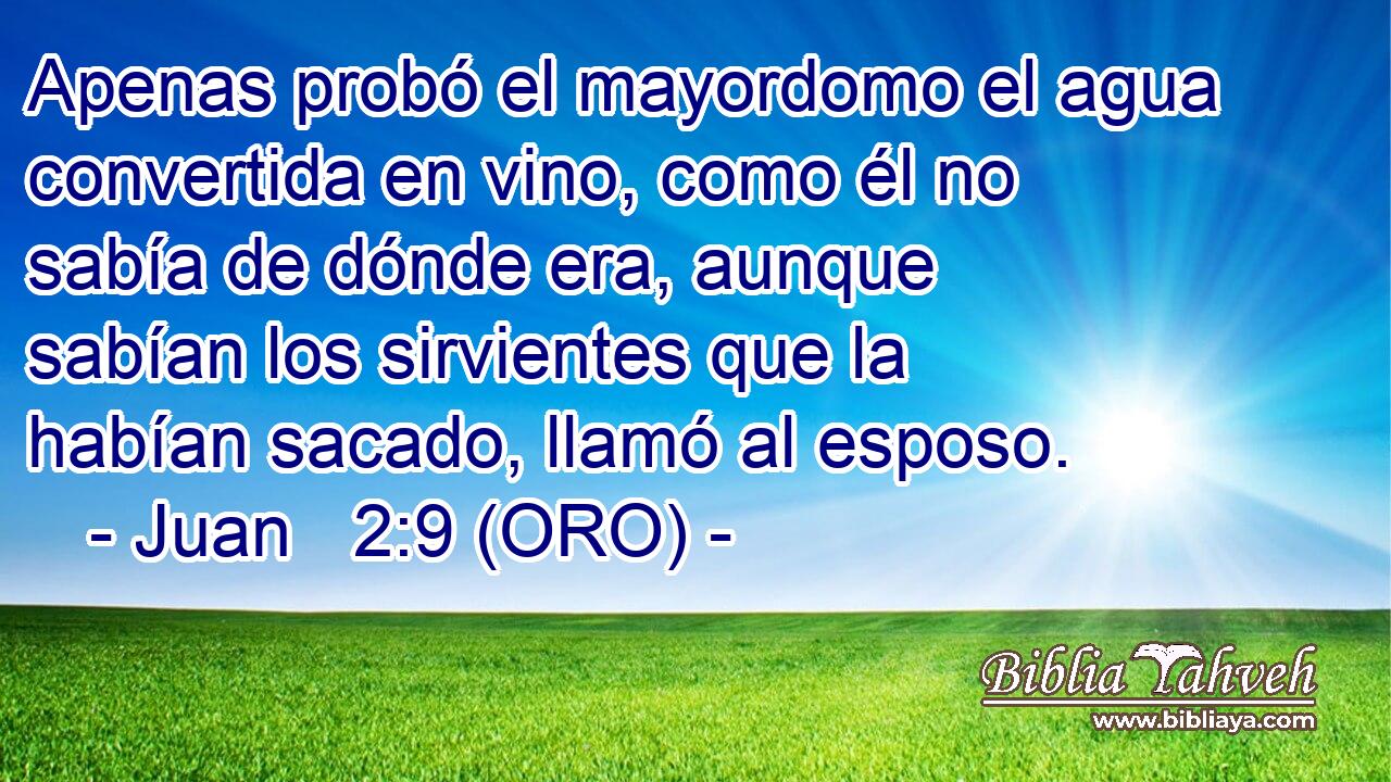  Apenas probó el mayordomo el agua convertida en vino, como él no sabía de dónde era, aunque sabían los sirvientes que la habían sacado, llamó al esposo. 