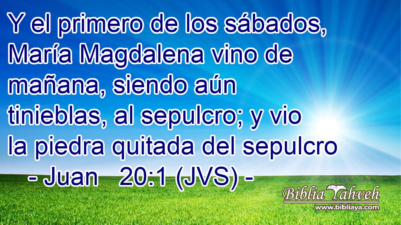 Y el primero de los sábados, María Magdalena vino de mañana, siendo aún tinieblas, al sepulcro; y vio la piedra quitada del sepulcro