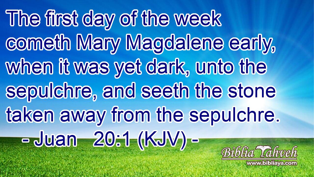 The first day of the week cometh Mary Magdalene early, when it was yet dark, unto the sepulchre, and seeth the stone taken away from the sepulchre.