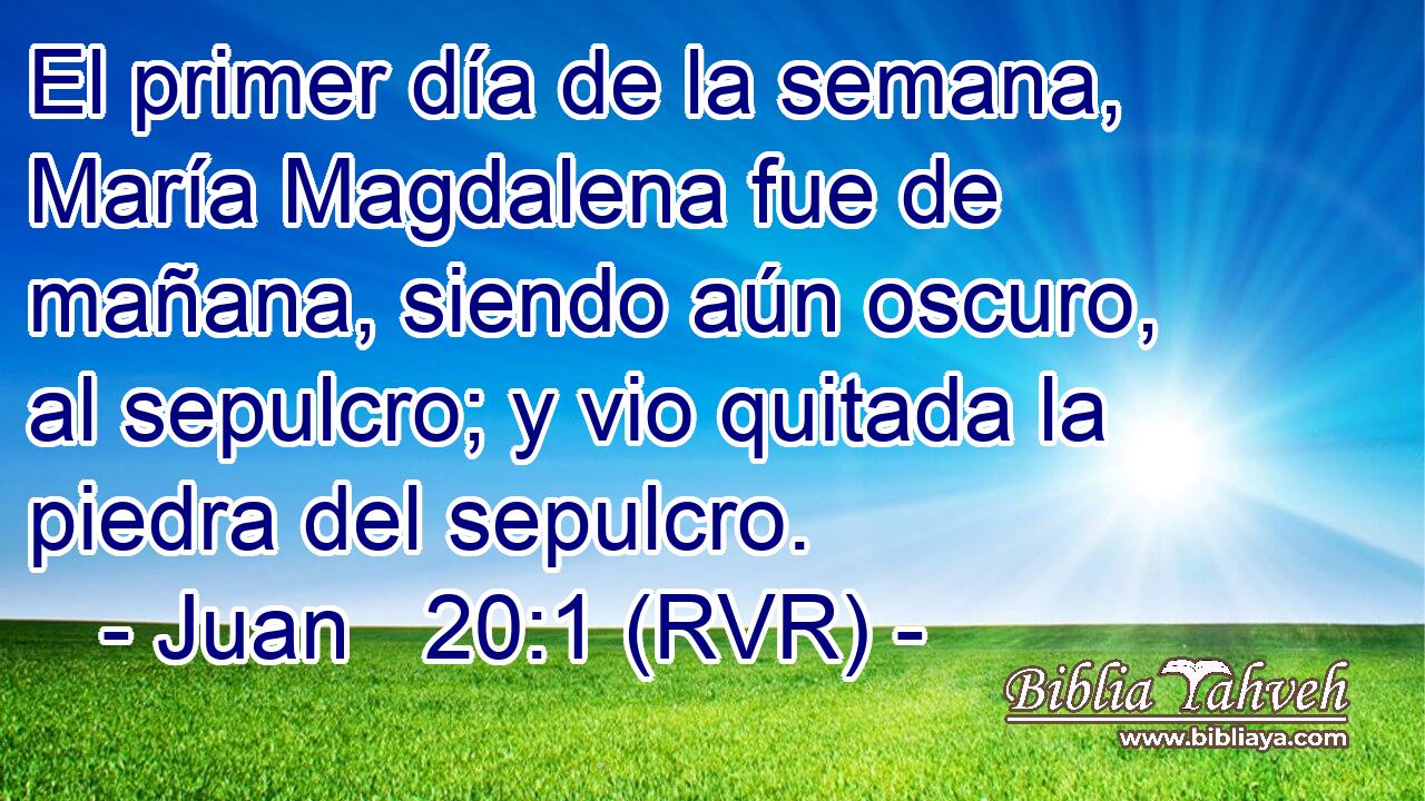 El primer día de la semana, María Magdalena fue de mañana, siendo aún oscuro, al sepulcro; y vio quitada la piedra del sepulcro.