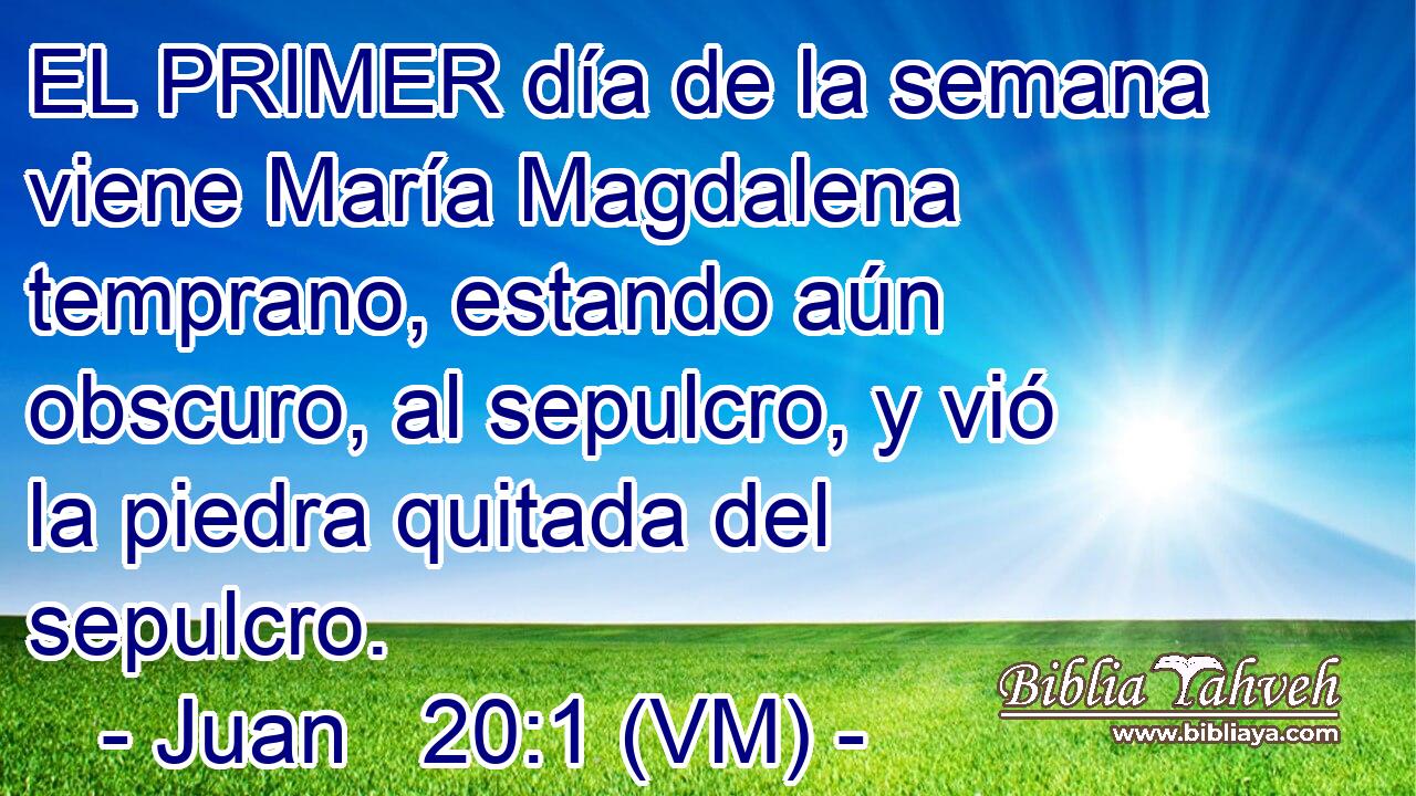  EL PRIMER día de la semana viene María Magdalena temprano, estando aún obscuro, al sepulcro, y vió la piedra quitada del sepulcro. 