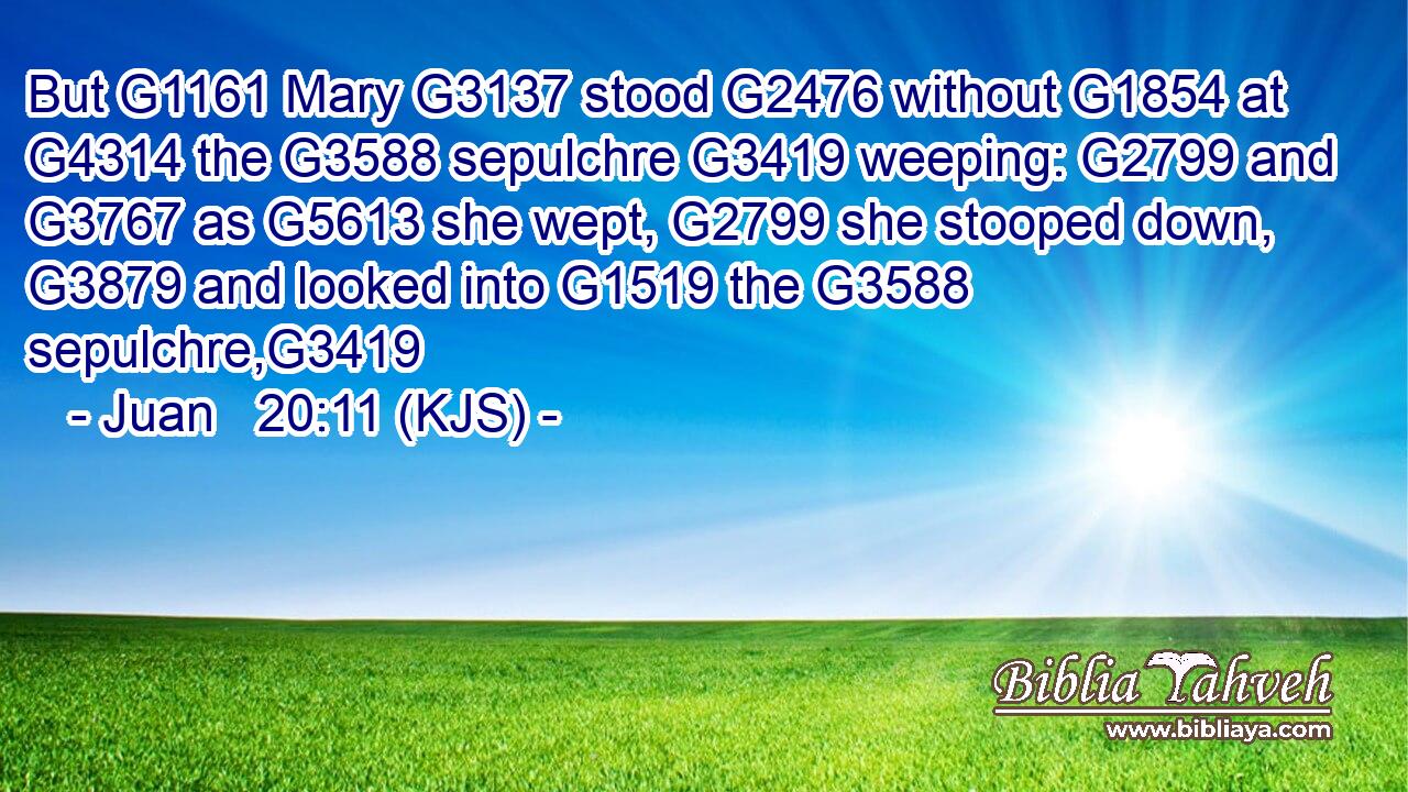 But G1161 Mary G3137 stood G2476 without G1854 at G4314 the G3588 sepulchre G3419 weeping: G2799 and G3767 as G5613 she wept, G2799 she stooped down, G3879 and looked into G1519 the G3588 sepulchre,G3419