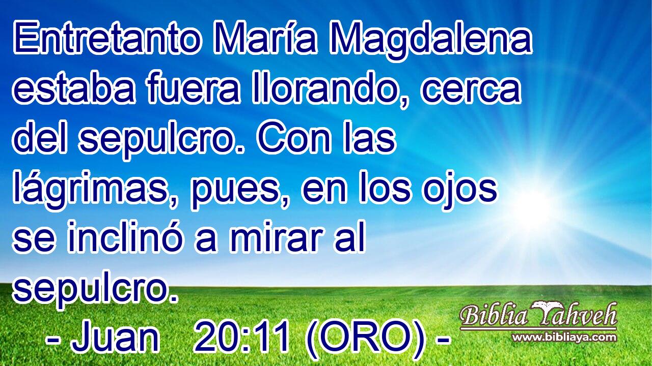  Entretanto María Magdalena estaba fuera llorando, cerca del sepulcro. Con las lágrimas, pues, en los ojos se inclinó a mirar al sepulcro. 