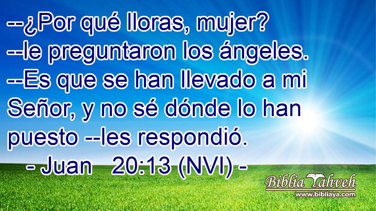  --¿Por qué lloras, mujer? --le preguntaron los ángeles. --Es que se han llevado a mi Señor, y no sé dónde lo han puesto --les respondió. 