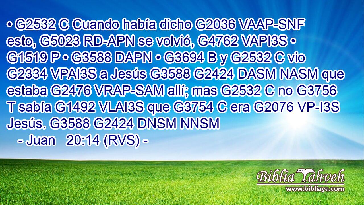 • G2532 C Cuando había dicho G2036 VAAP-SNF esto, G5023 RD-APN se volvió, G4762 VAPI3S • G1519 P • G3588 DAPN • G3694 B y G2532 C vio G2334 VPAI3S a Jesús G3588 G2424 DASM NASM que estaba G2476 VRAP-SAM allí; mas G2532 C no G3756 T sabía G1492 VLAI3S que G3754 C era G2076 VP-I3S Jesús. G3588 G2424 DNSM NNSM 