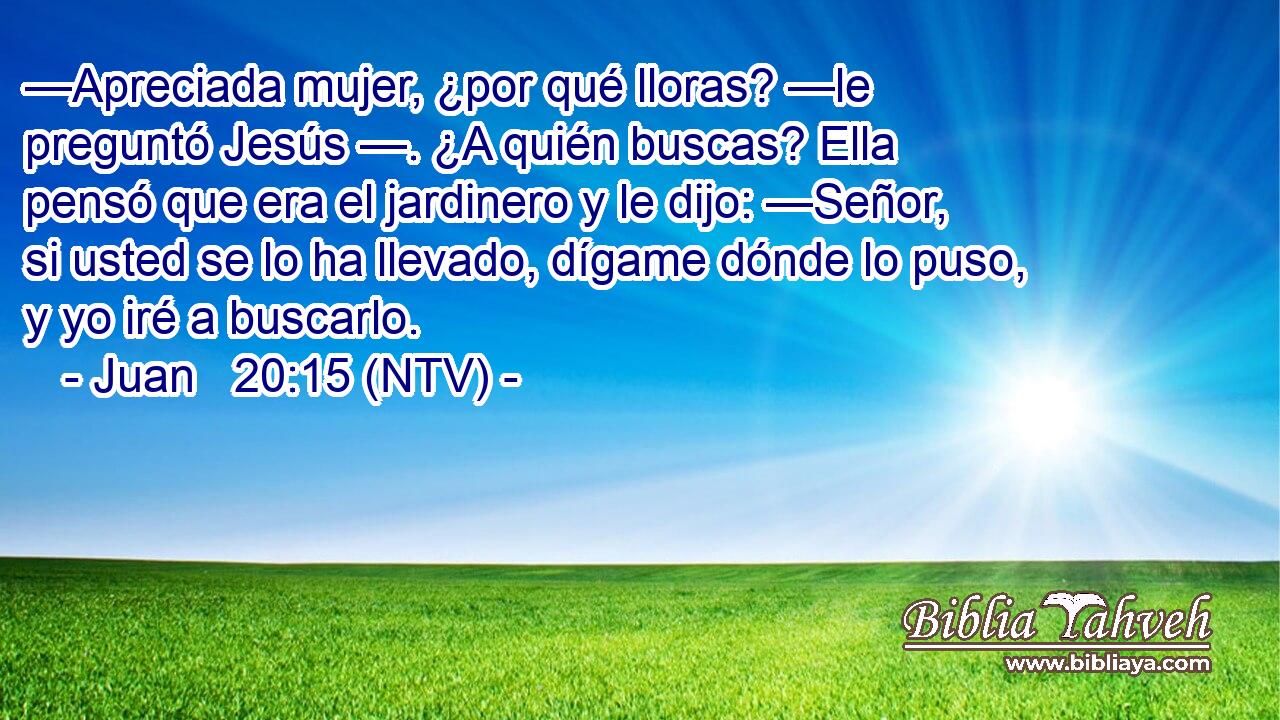 —Apreciada mujer, ¿por qué lloras? —le preguntó Jesús —. ¿A quién buscas? Ella pensó que era el jardinero y le dijo: —Señor, si usted se lo ha llevado, dígame dónde lo puso, y yo iré a buscarlo.
