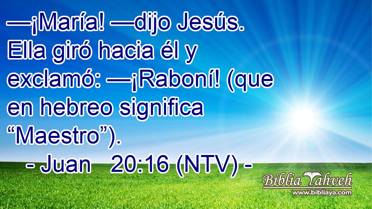 —¡María! —dijo Jesús. Ella giró hacia él y exclamó: —¡Raboní! (que en hebreo significa “Maestro”).