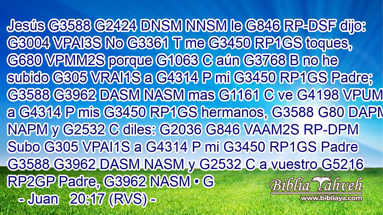 Jesús G3588 G2424 DNSM NNSM le G846 RP-DSF dijo: G3004 VPAI3S No G3361 T me G3450 RP1GS toques, G680 VPMM2S porque G1063 C aún G3768 B no he subido G305 VRAI1S a G4314 P mi G3450 RP1GS Padre; G3588 G3962 DASM NASM mas G1161 C ve G4198 VPUM2S a G4314 P mis G3450 RP1GS hermanos, G3588 G80 DAPM NAPM y G2532 C diles: G2036 G846 VAAM2S RP-DPM Subo G305 VPAI1S a G4314 P mi G3450 RP1GS Padre G3588 G3962 DASM NASM y G2532 C a vuestro G5216 RP2GP Padre, G3962 NASM • G