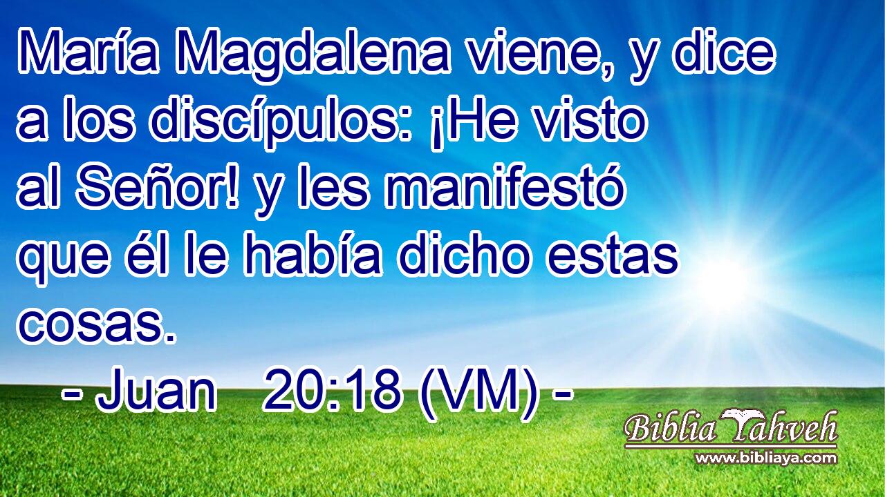  María Magdalena viene, y dice a los discípulos: ¡He visto al Señor! y les manifestó que él le había dicho estas cosas. 